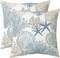 Set of 2 Coastal Nautical Throw Pillow Covers 18x18 Inch, Blue Ocean Seashell Coral and Starfish Velvet Decorative Cushion Covers for Couch, Sofa, Bedroom, Living Room, Patio & Beach House Decor